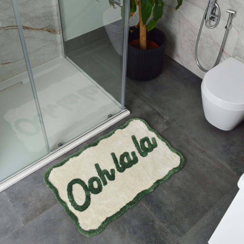 Mooky Mats Ooh La La Slogan Scallop Green and Cream Non Slip Bath Mat 50 x 80cm Image 2
