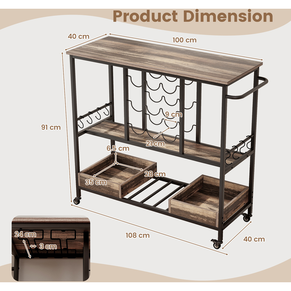 Costway 3 Tier Brown Bar Cart on Wheels with Glass Racks Image 8