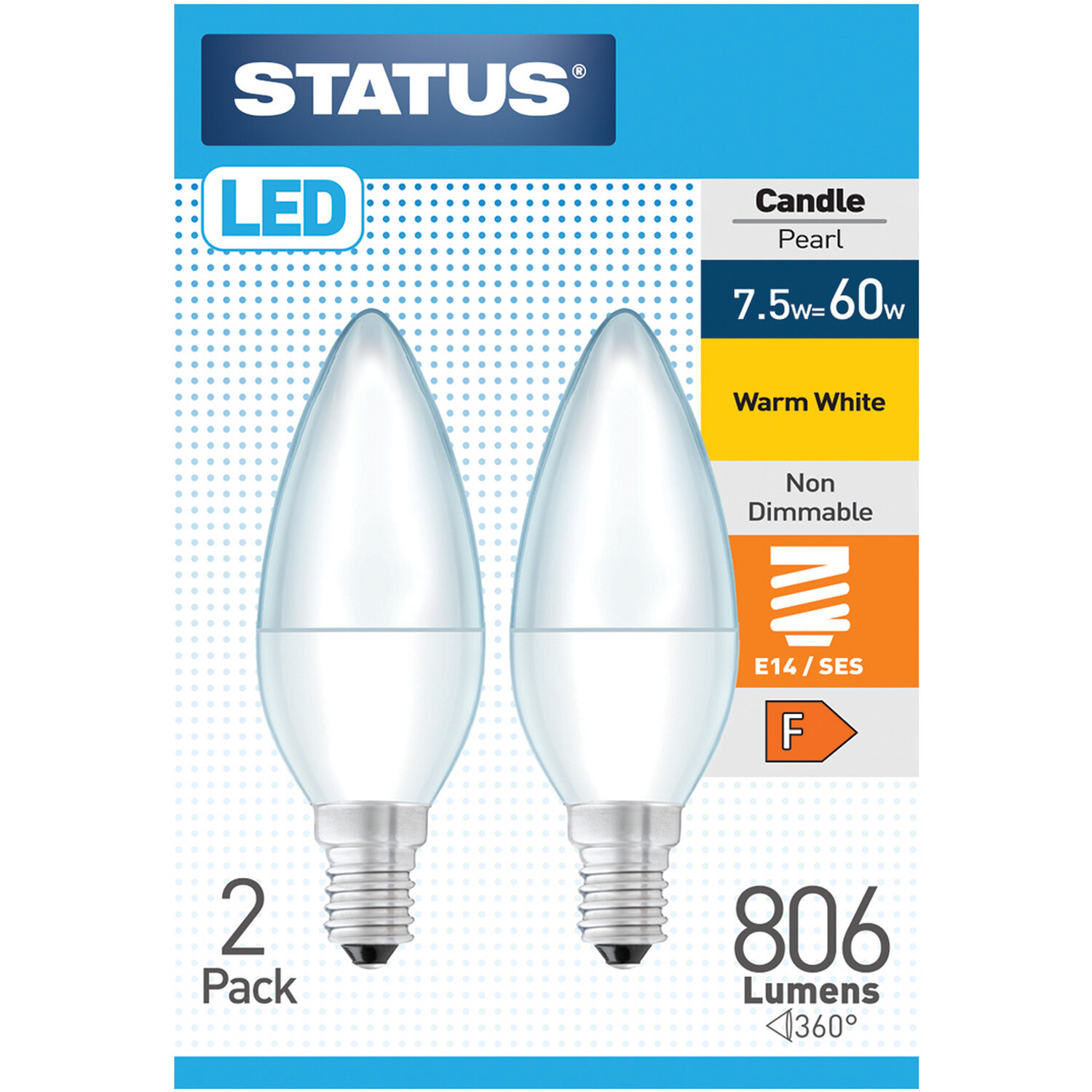 Status 2 Pack E14/SES LED 7.5W Candle Pearl Light Bulbs Image 1