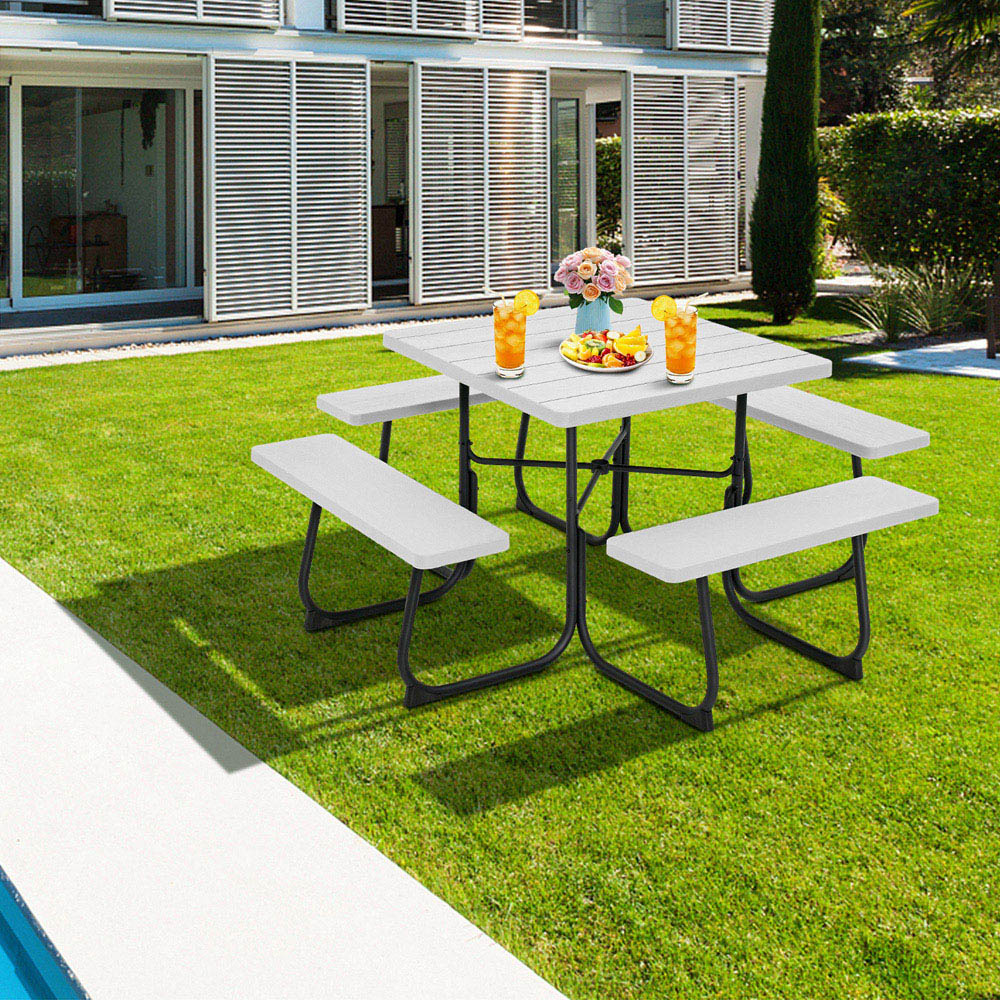 Costway 8 Seater Round Picnic White Table and Bench Set Image 4