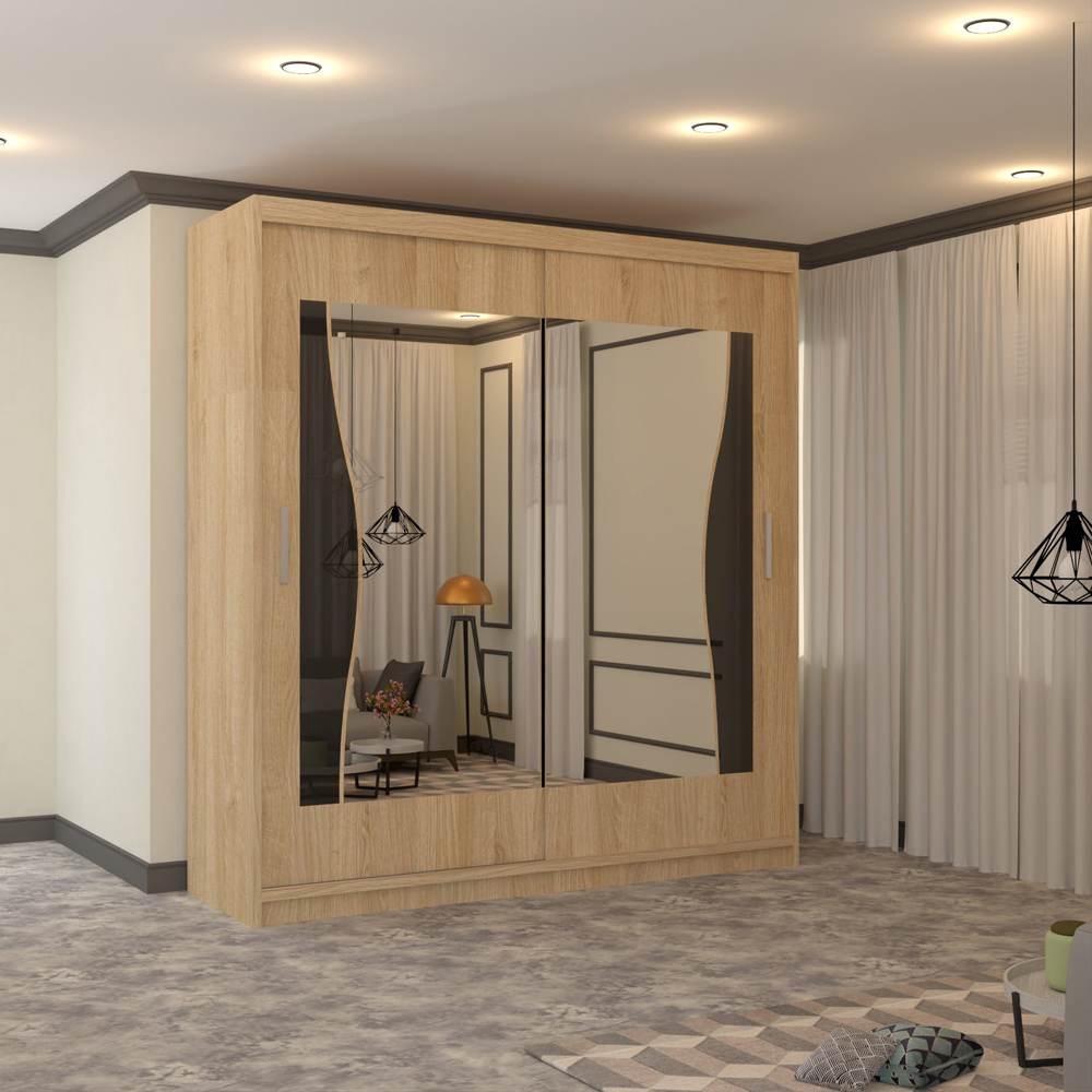 M N Furniture Banton 2 Door Oak Curved Mirrored Sliding Wardrobe 180cm Image 4