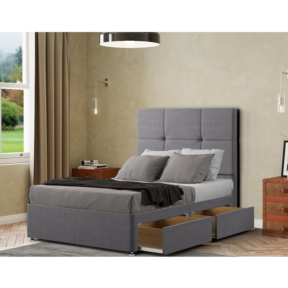 Portland Jacob Single Grey Linen Divan Bed Frame with 2 Drawers and Headboard Image 2