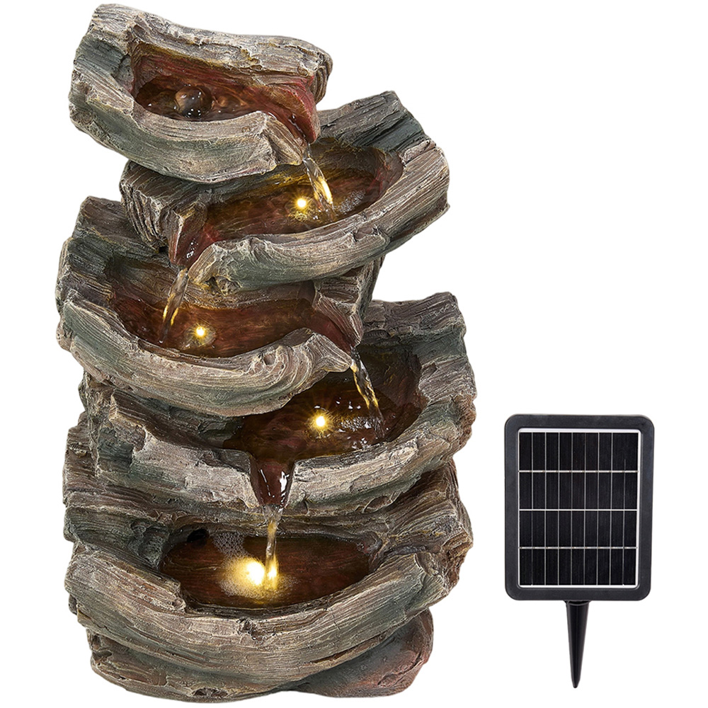 Living and Home 5-Tier Realistic Log Wood and Rock Effect Solar LED Water Feature Image 1