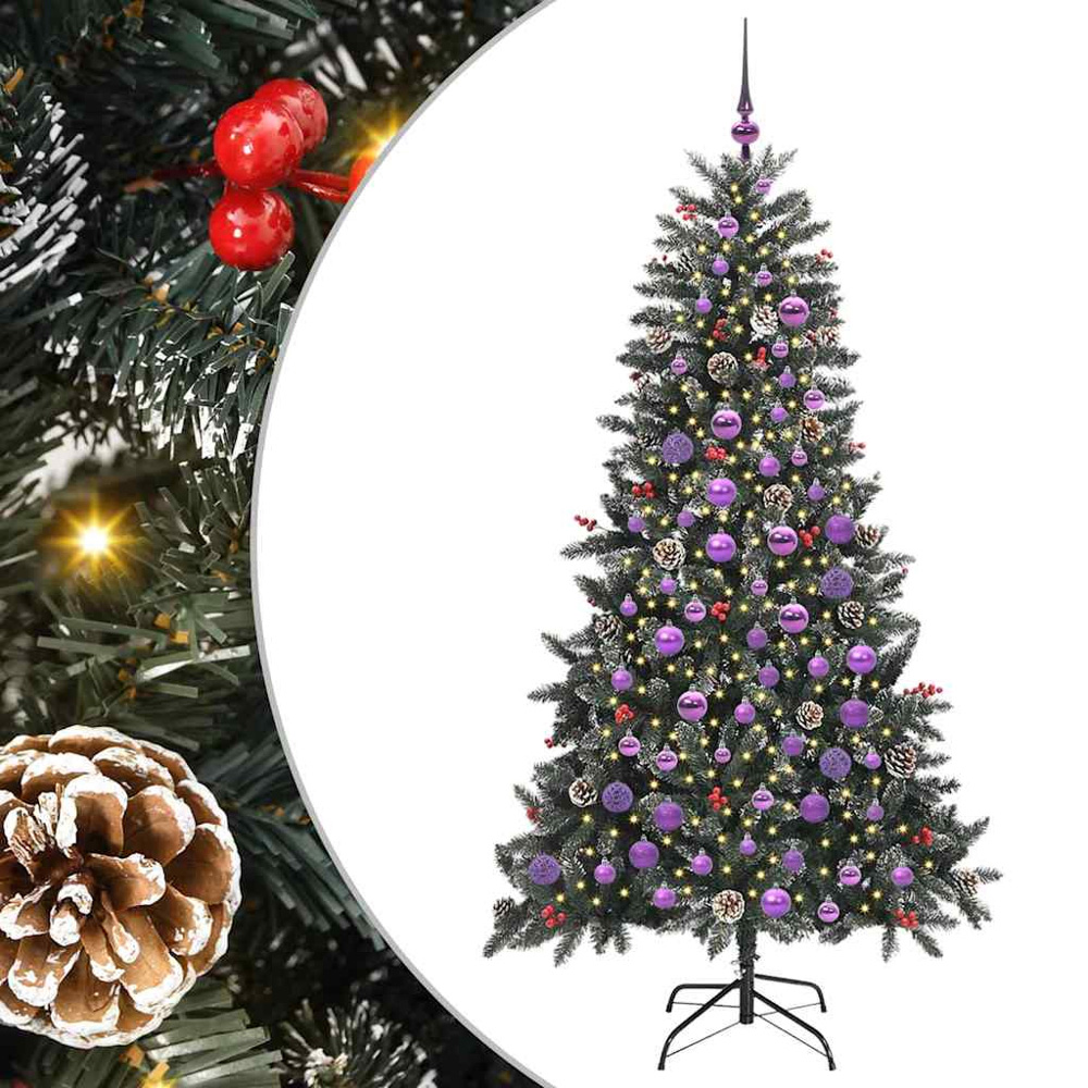 vidaXL Pre-Lit Lilac Baubles and Pinecones Green Artificial Snow Tipped Christmas Tree 6ft Image 2