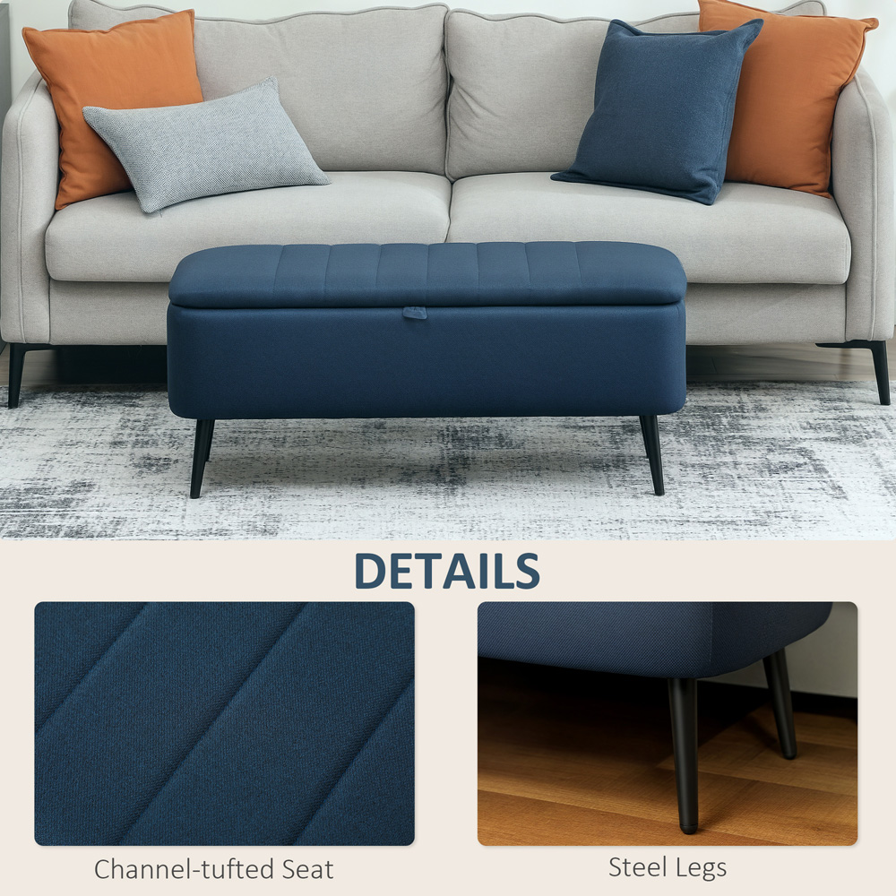 HOMCOM Blue Linen Fabric Storage Ottoman Bench Image 6