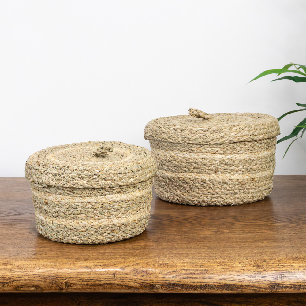 JVL Palma Maize Natural Round Storage Basket with Lid 2 Pack Image 2