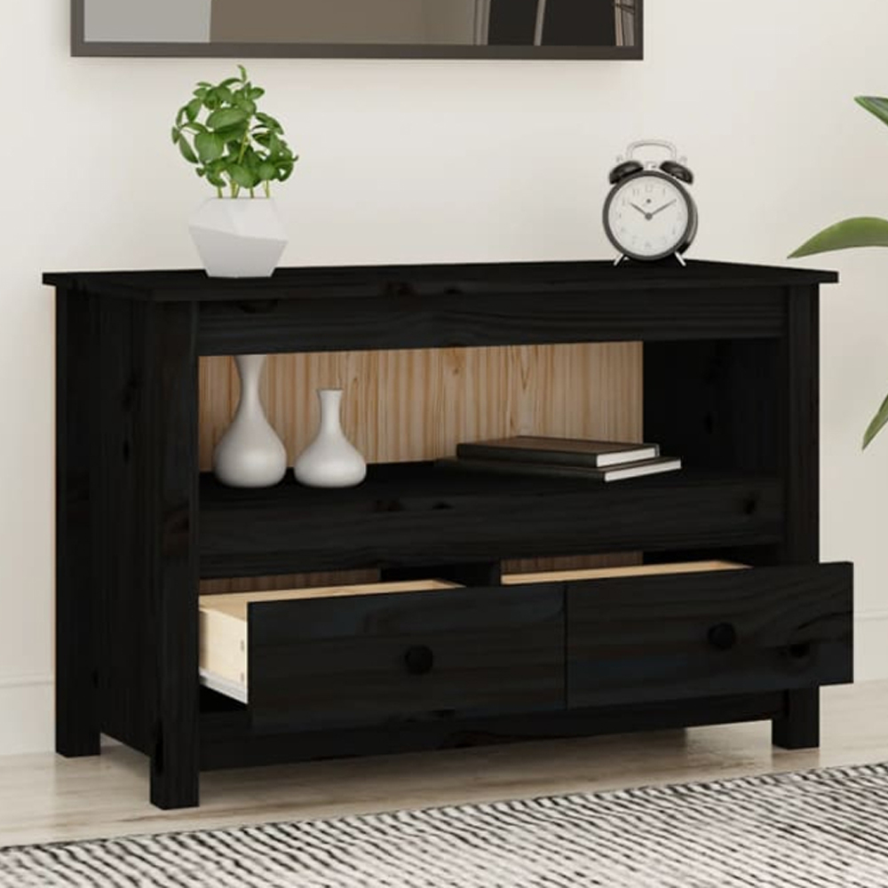 vidaXL 2 Drawer Single Shelf Black Solid Pine Wood TV Cabinet Image 1
