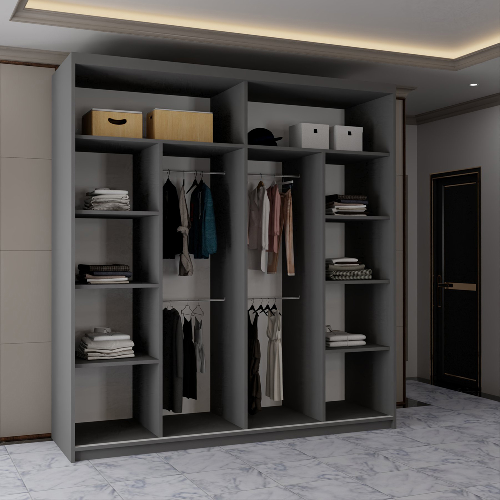 Modern Sliding Mirror Door Wardrobe with Adjustable Shelves and Hanging Rails (Grey 203cm) Image 4