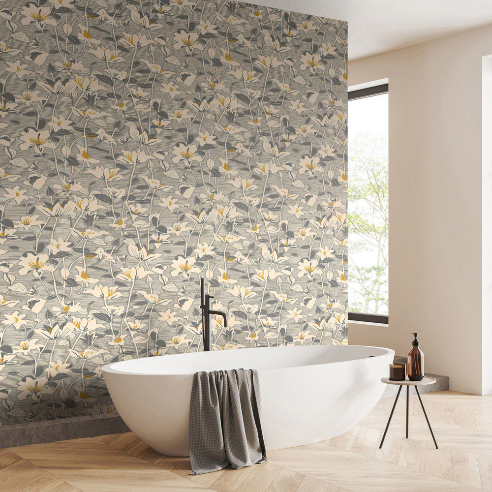 Hoopla Walls Oasis Botanical Leaves Gunmetal Wallpaper Image 2