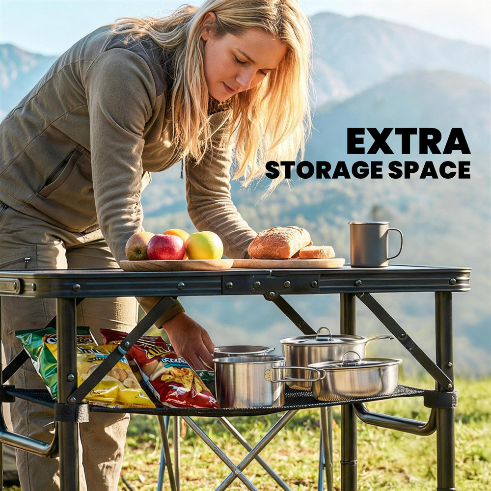 Outsunny 2ft Black Foldable Camping Table with Storage Layer Image 6