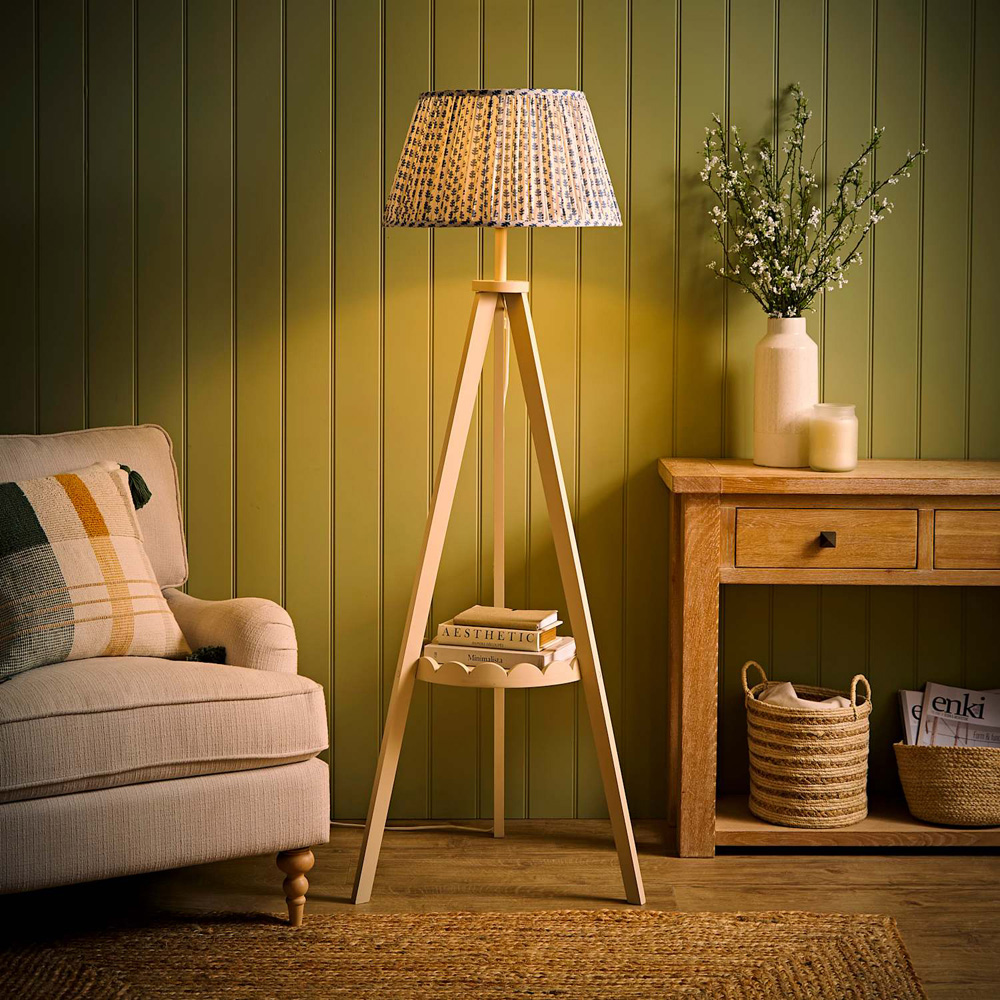 ValueLights Morrigan Blue Floral Pleated Shade Cream Scallop LED Tripod Floor Lamp with Bulb Image 2