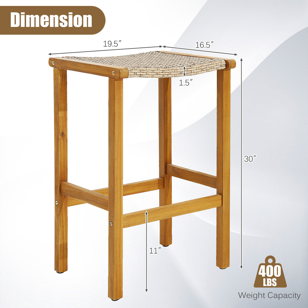 Costway Acacia Wood PE Wicker Bar Stool Set of 2 Image 9