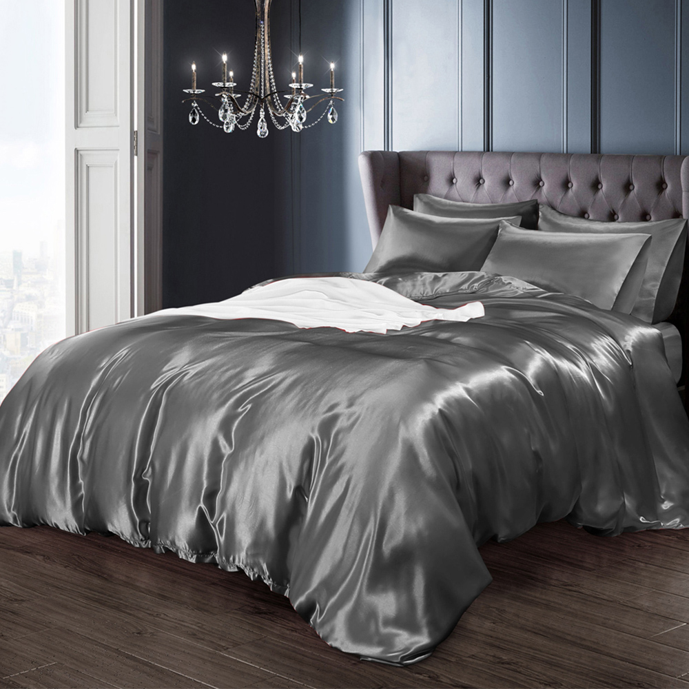 Intimates Super King Size Silver Satin Complete Bedding Set Image 1
