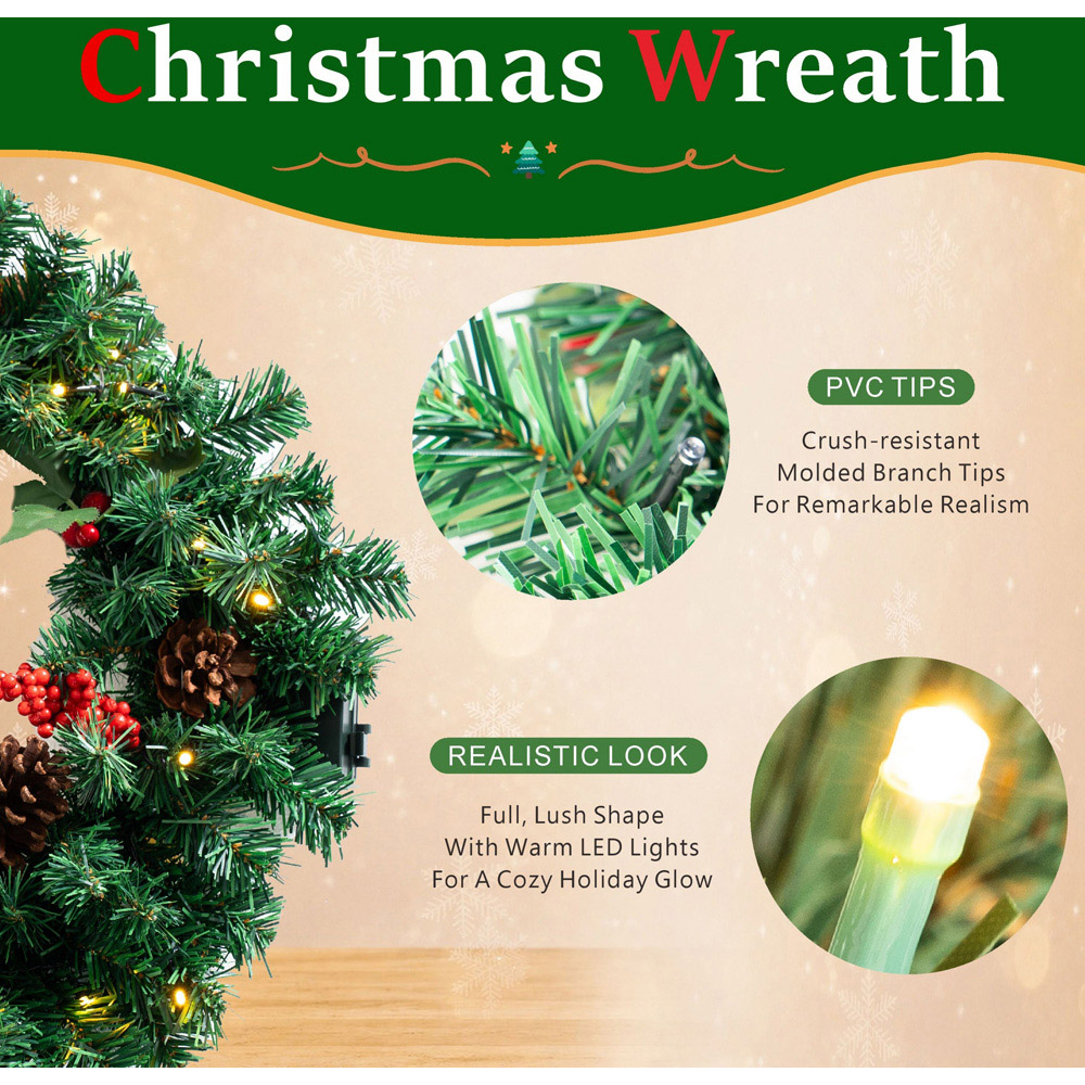 Abrihome 35 Warm White LED Artificial Cypress Christmas Wreath with Tips Pinecones and Berries 50cm Image 6