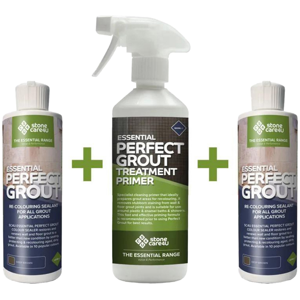 StoneCare4U Essential Deep Brown Perfect Grout Sealer 237ml 2 Pack and Primer 500ml Bundle Image 1