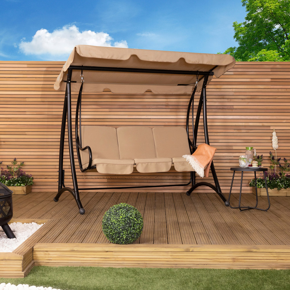 Charles Bentley 3 Seater Cream Garden Swing Seat with Canopy Image 9