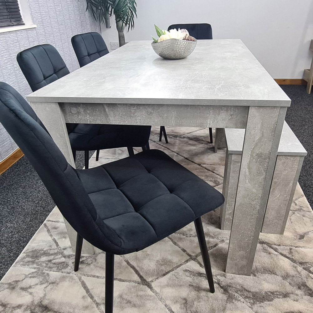 Portland Velvet 6 Seater Dining Set with Bench Stone Grey and Black Image 5