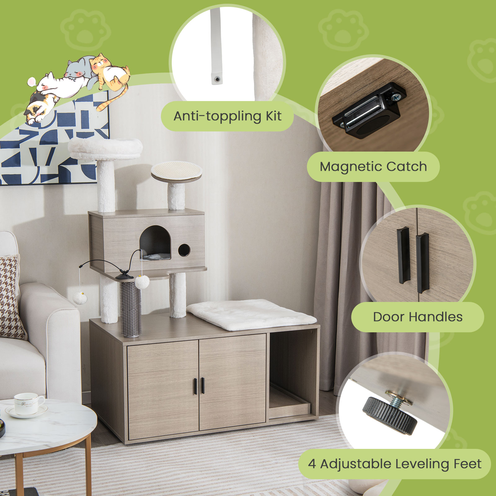 Costway Grey Cat Tree with Litter Box Enclosure 132cm Image 7