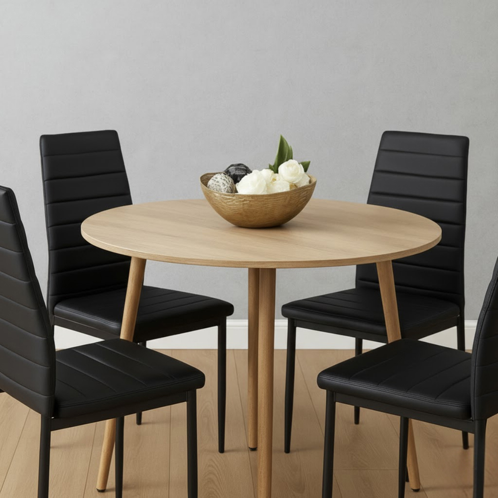 Kosy Koala 4 Seater Round Faux Leather Wooden Dining Set Black Image 3