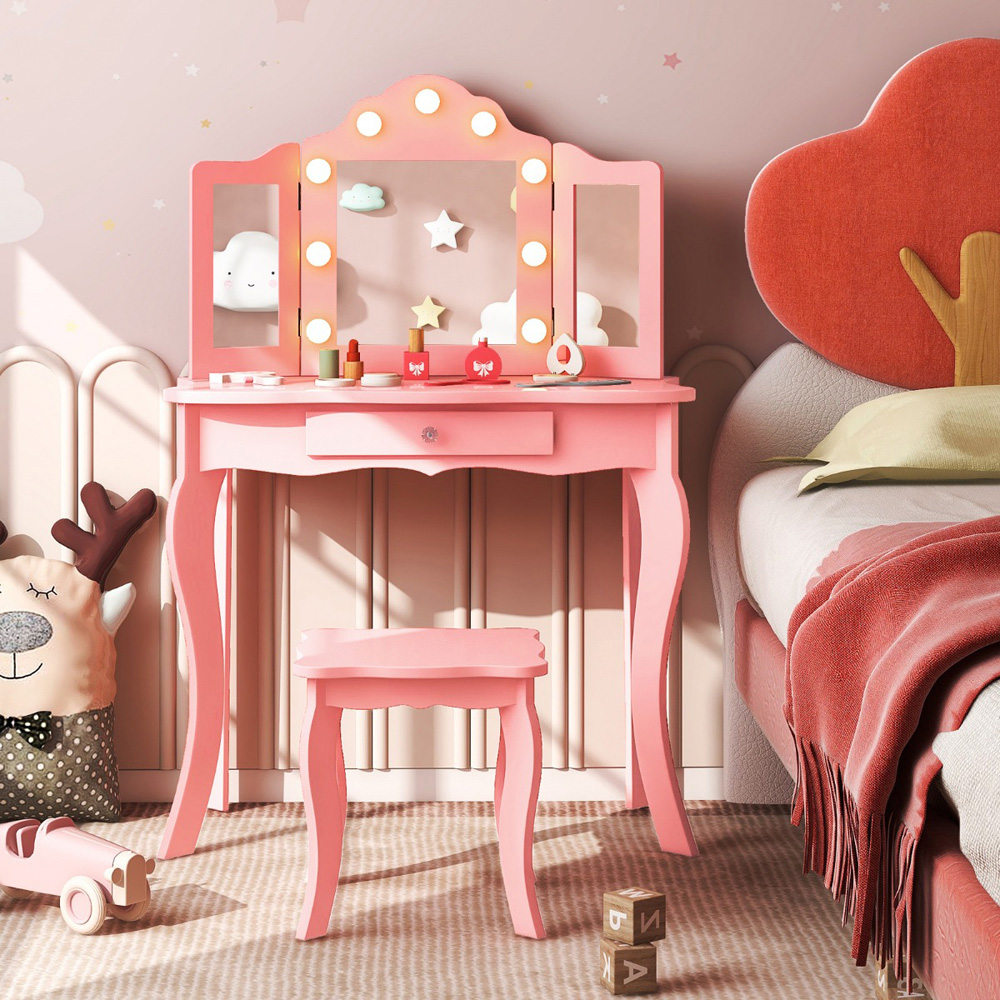 Costway Kids Pink Vanity Table and Stool Set with Tri Folding Mirror Image 3