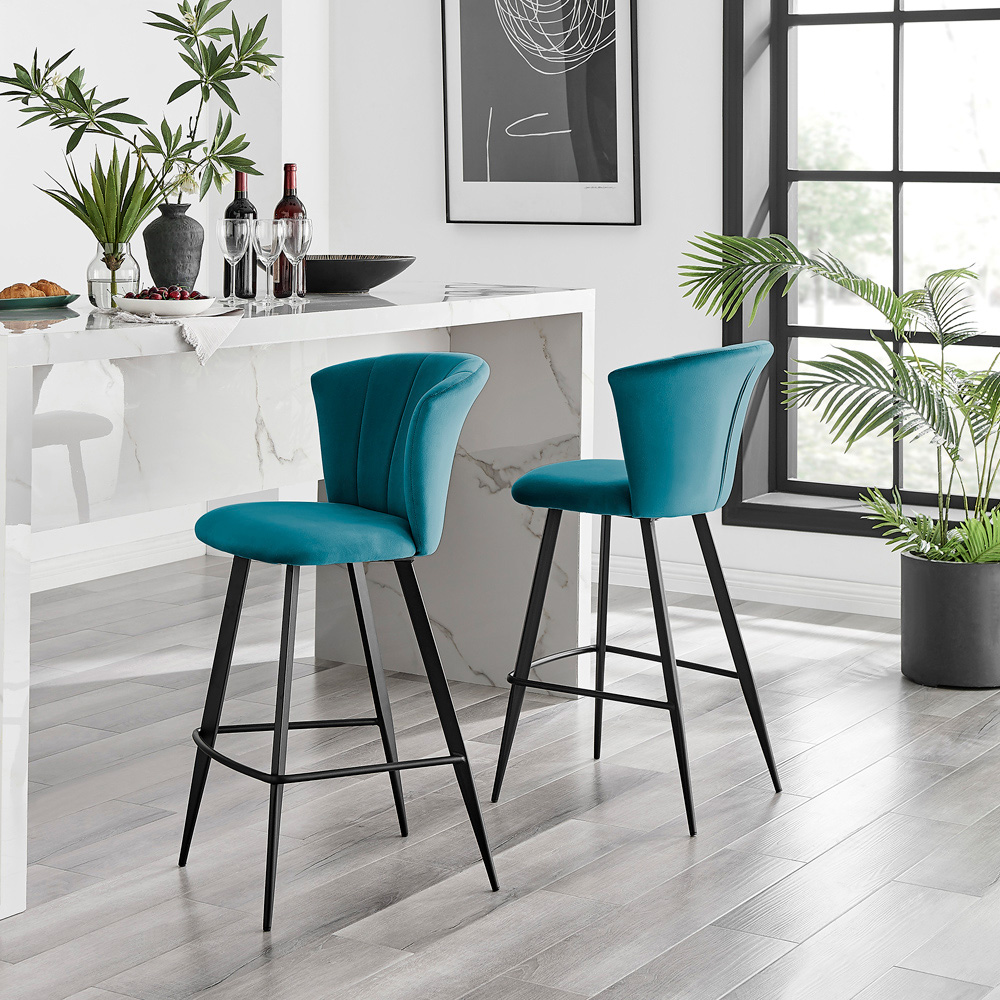 Furniturebox Hazel Blue and Black Velvet Bar Stool Set of 2 Image 2