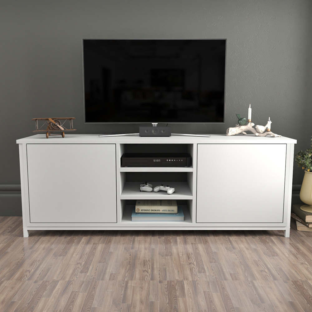 Decorotika Otis 2 Door 3 Shelf White TV Stand for 63 inch TV Image 4