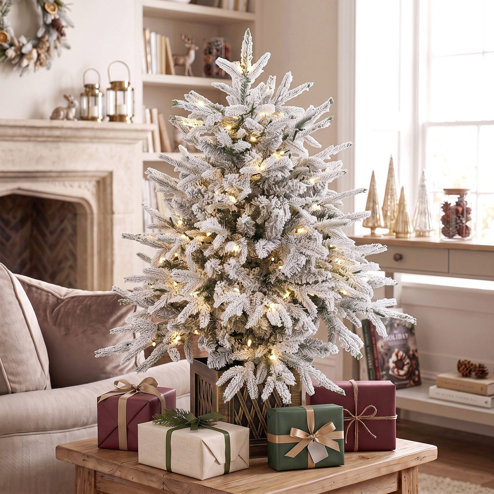HOMCOM 70 Warm White LED Pre-Lit Green and White Artificial Table Christmas Tree with Stand 3ft Image 2
