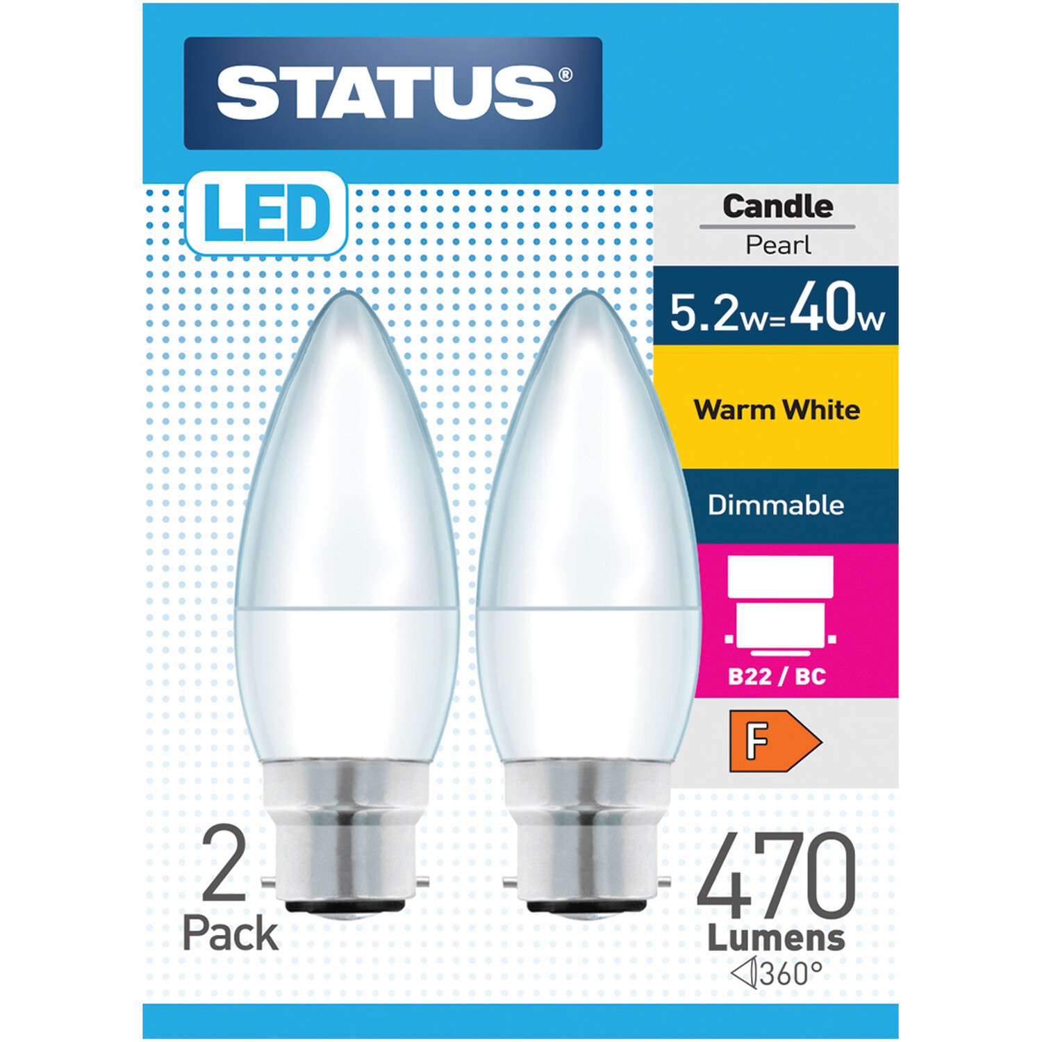 Status 2 Pack Bayonet B22/BC LED 5.2W Pearl Candle Light Bulb Image 1