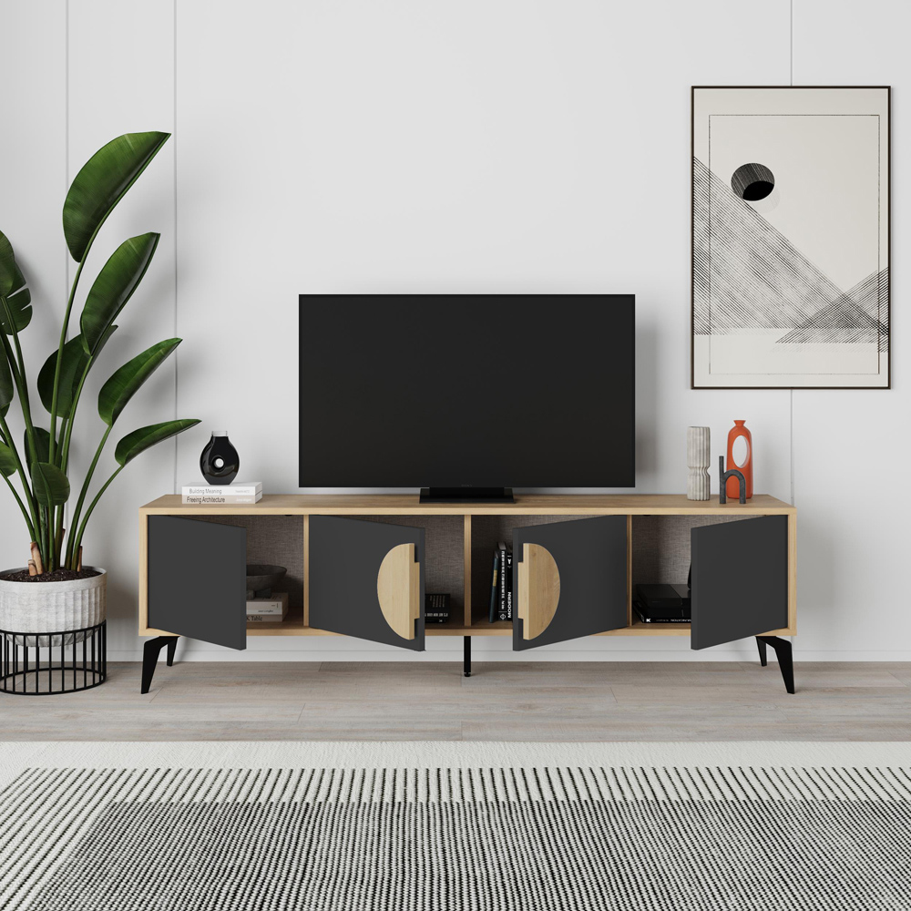 Decortie Gora 4 Door Oak and Silky Black TV Unit with Circle Handle Image 4