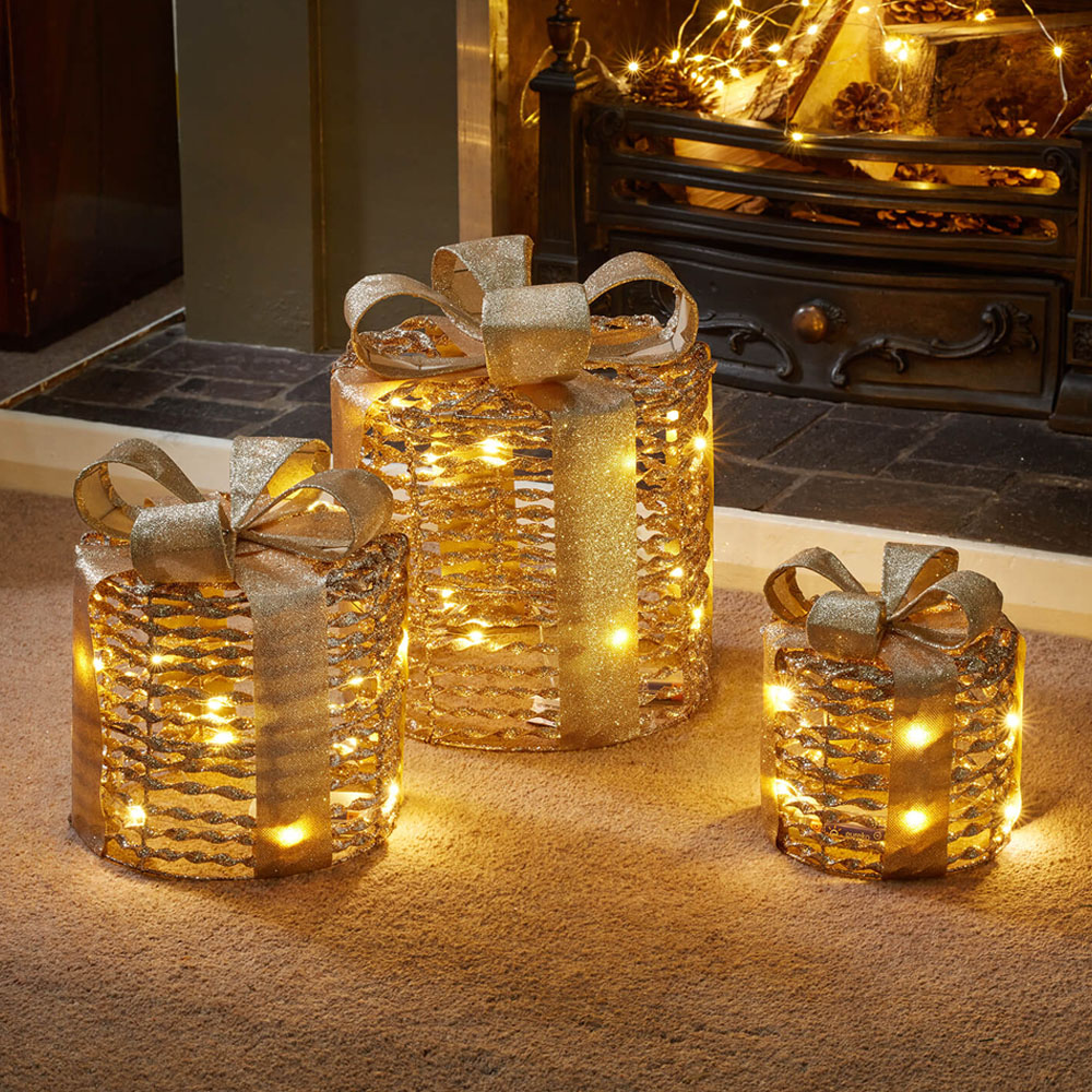 Marco Paul Gold Glitter LED Gift Box Christmas Decoration 3 Pack Image 1