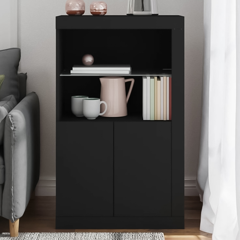 vidaXL 2 Door 2 Shelf Black Side Cabinet with LED Lights Image 1