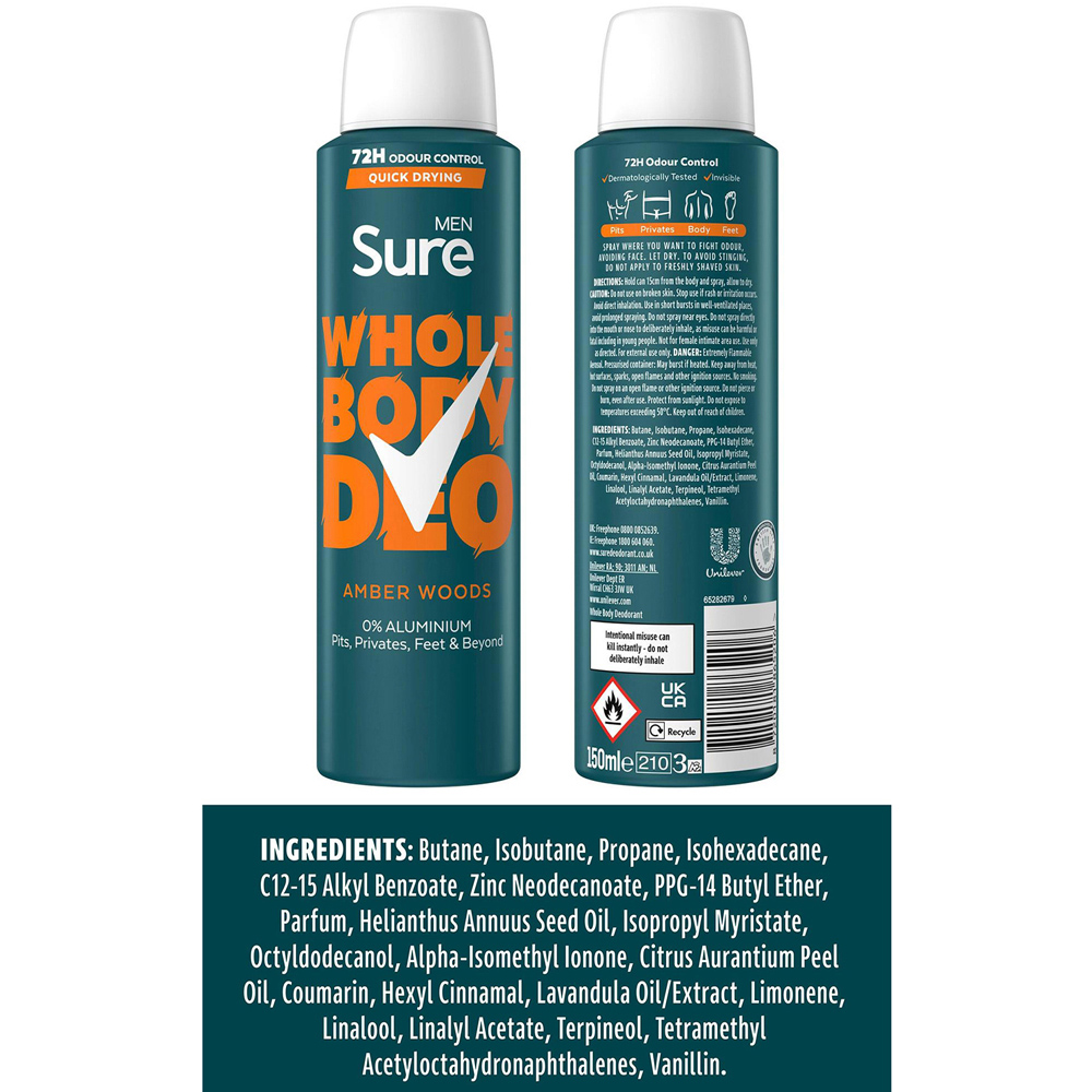 Sure Men Whole Body Amber Woods 72H Odour Protection Deodorant Spray 150ml 6 Pack Image 7