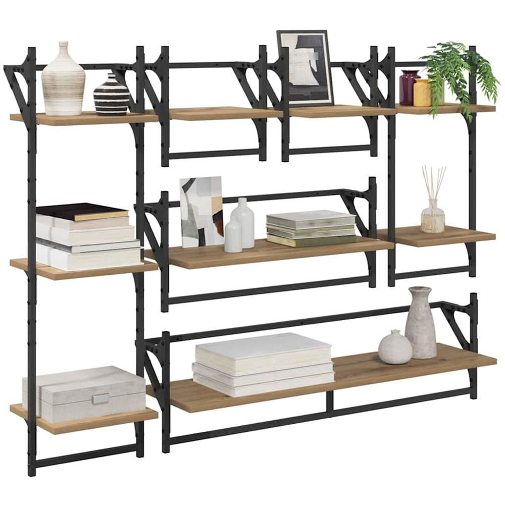 vidaXL 9 Shelf Artisan Oak Wall Shelf Set of 6 Image 3