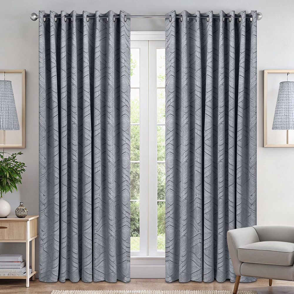 Alan Symonds Silver Geometric Aztec Print Blackout Ring Top Eyelet Curtains 168 x 137cm Image 1