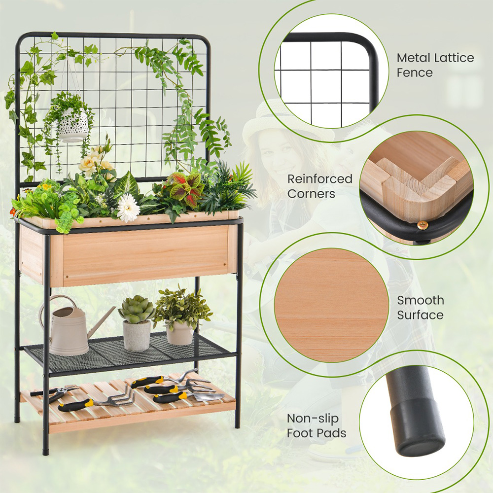 Costway 2 Tier Natural Trellis Raised Garden Bed with Storage Shelves Image 7