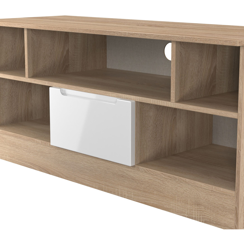 Crowndale Milan Single Drawer 5 Shelf White Gloss and Bardolino Oak TV Unit Ready Assembled Image 5