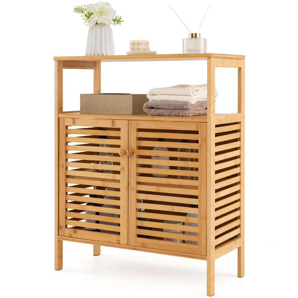 Costway 2 Door Single Shelf Natural Bamboo Storage Cabinet Image 2