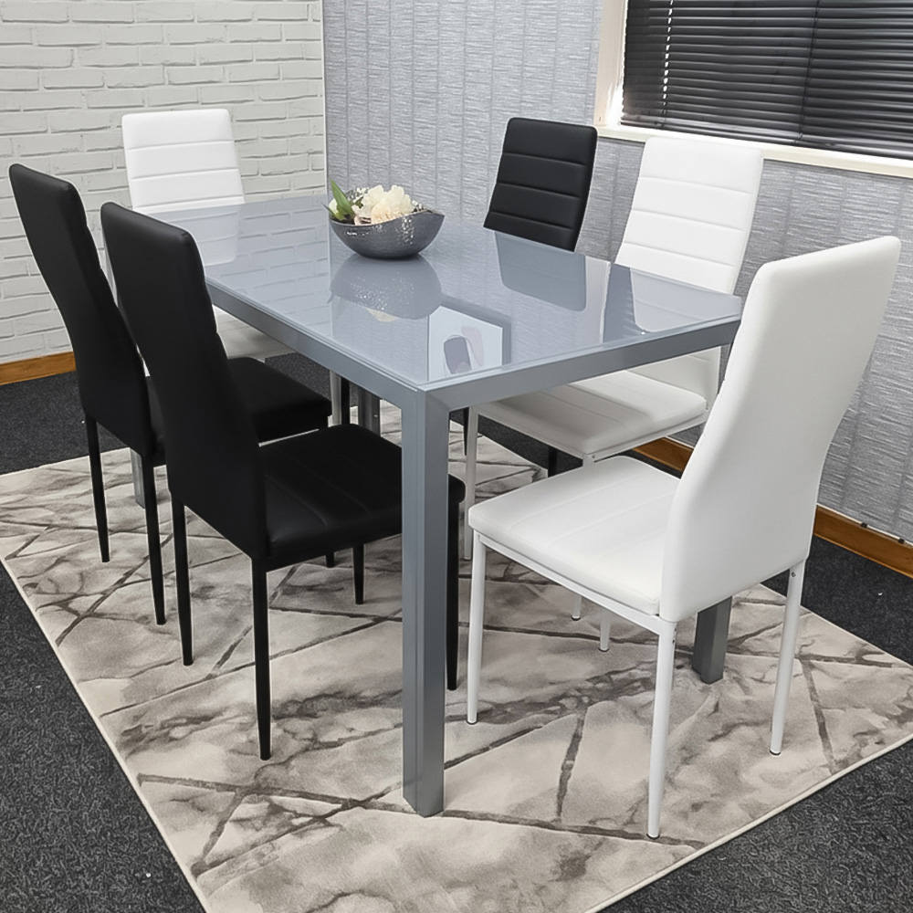 Portland Kosy Koala 6 Seater Modern Glass Dining Set Grey Black and White Image 1