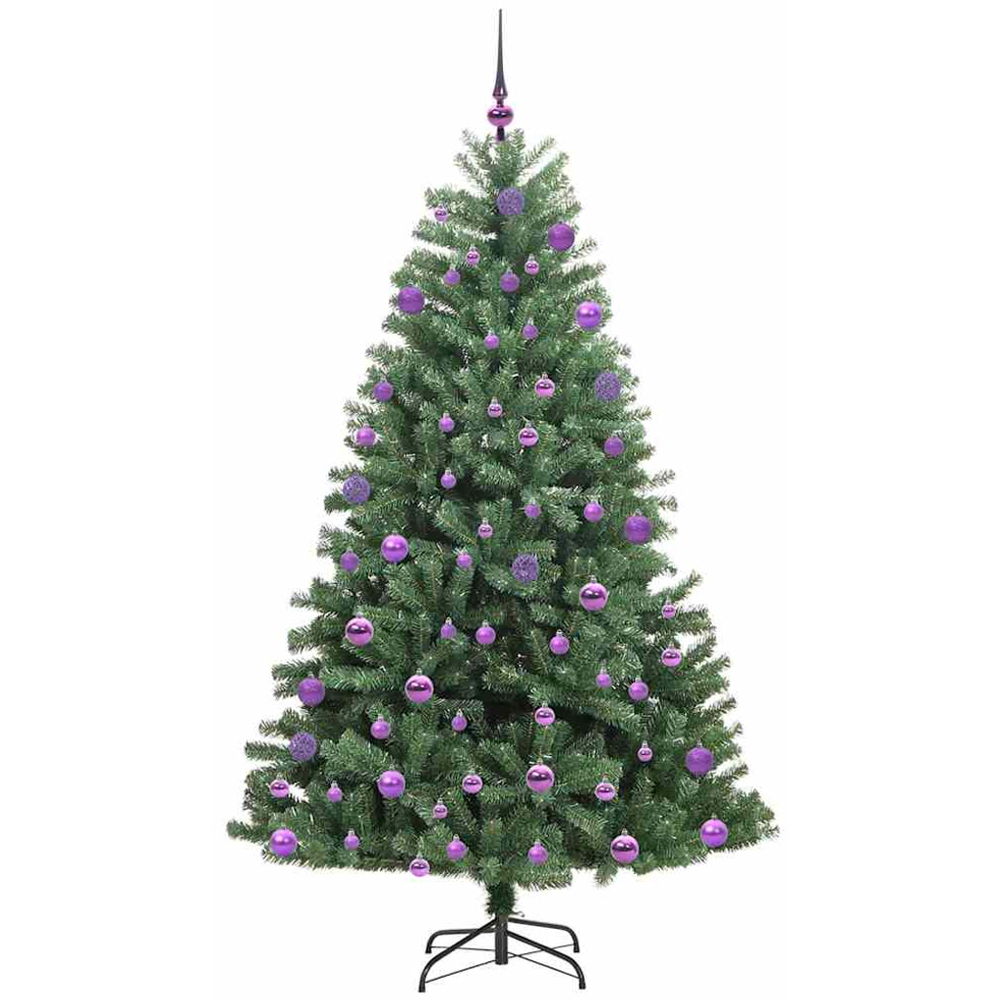 vidaXL Pre-Lit Lilac Baubles Green Artificial Hinged Christmas Tree 7ft Image 4