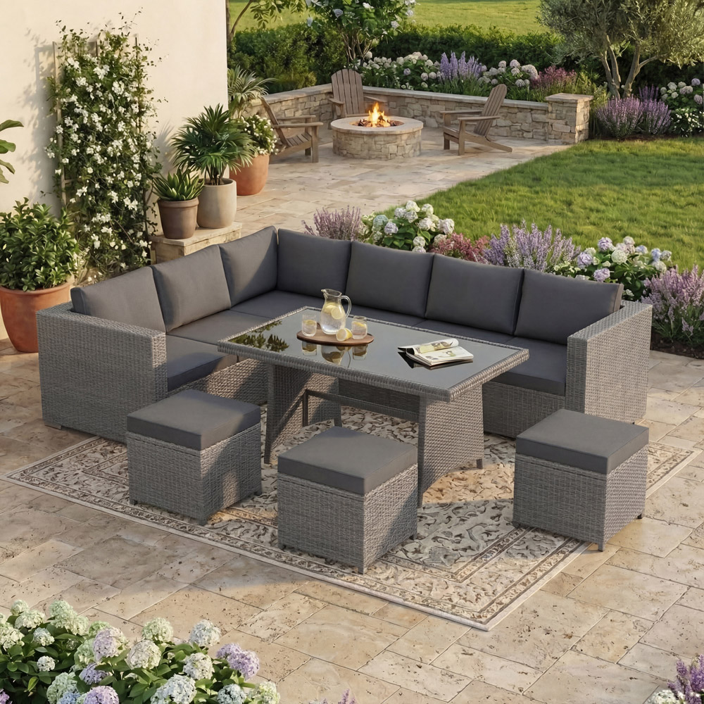 GARDEN VIDA Belgrave 9 Seater Grey PE Rattan Garden Corner Lounge Set with Cover Image 3