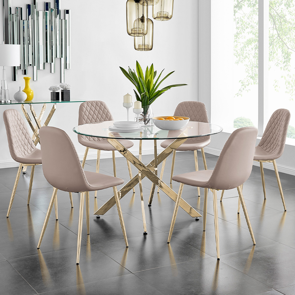 Furniturebox Arona Solara 6 Seater Round Dining Set Cappuccino Beige and Gold Image 1
