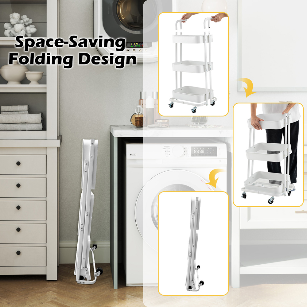Costway 3 Shelf White Foldable Rolling Cart with 3 Hanging Cups and 6 Hooks Image 5