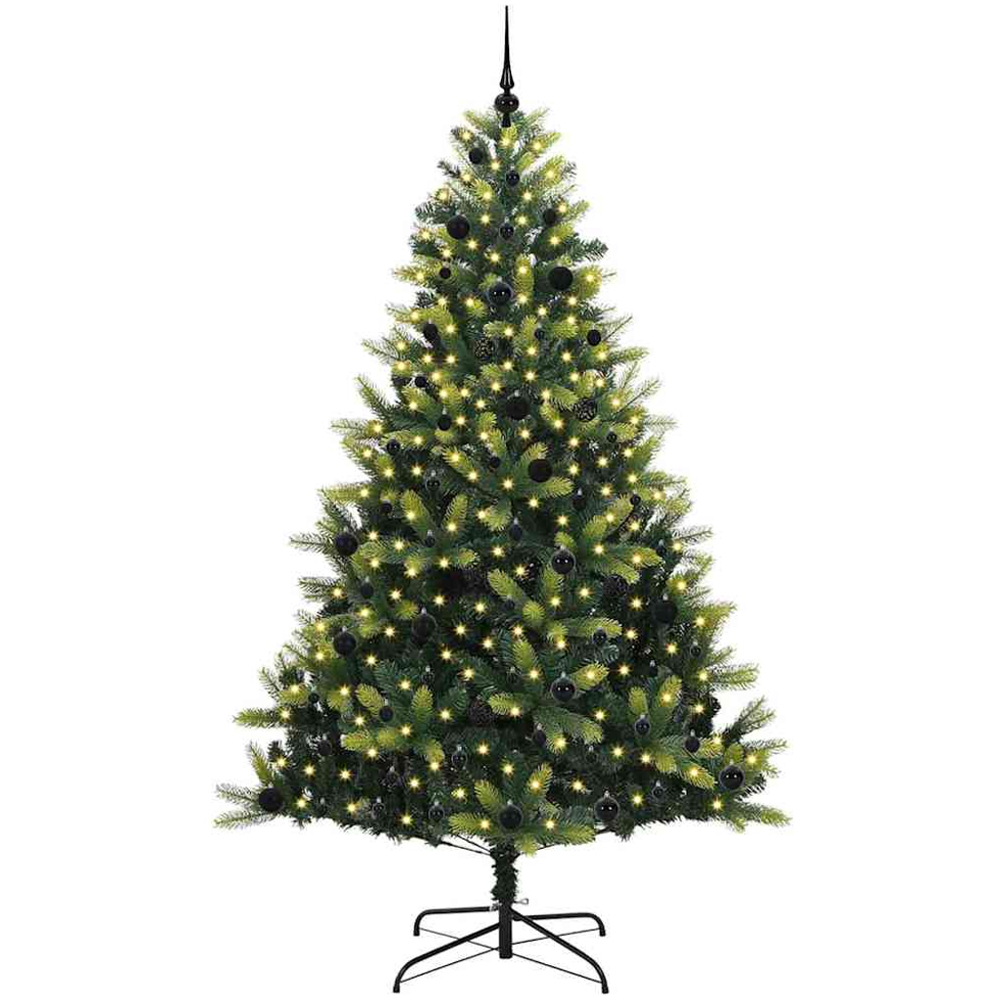 vidaXL Pre-Lit Black Baubles Green Artificial Hinged Christmas Tree 8ft Image 1