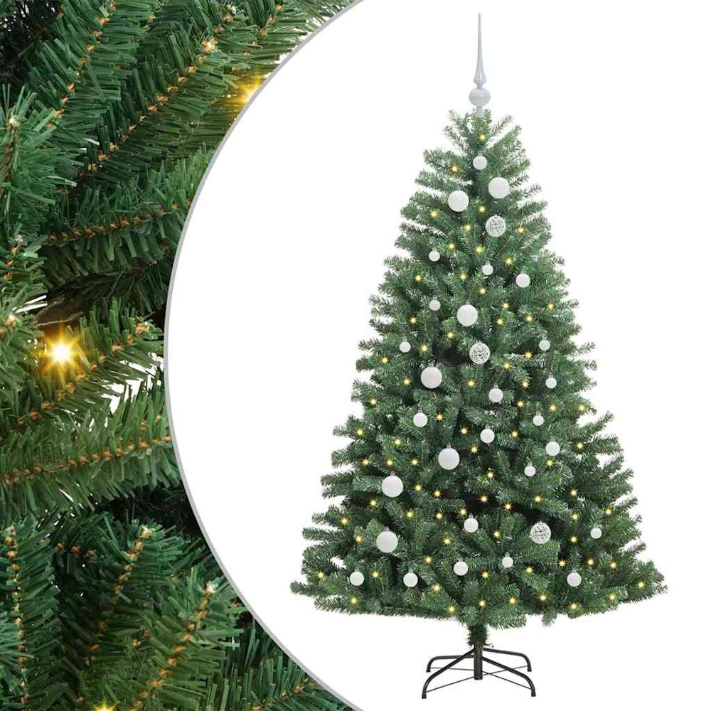 vidaXL Pre-Lit White Baubles Green Artificial Hinged Christmas Tree 5ft Image 2