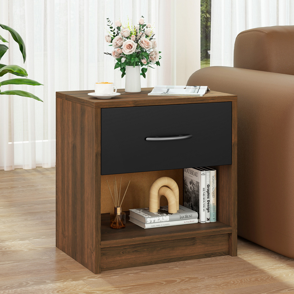 Costway Single Drawer Single Shelf Black and Brown Nightstand Image 3