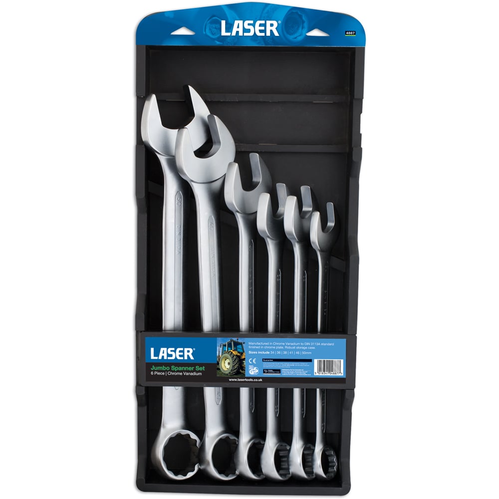 Laser 6 Piece 34-50mm Satin Finish Bi-Hex Jumbo Combination Spanner Set Image 1