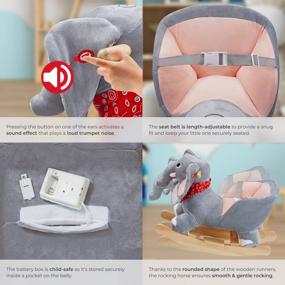 tectake Kids Grey Elephant Plush Cover Wooden Rocking Horse Image 6