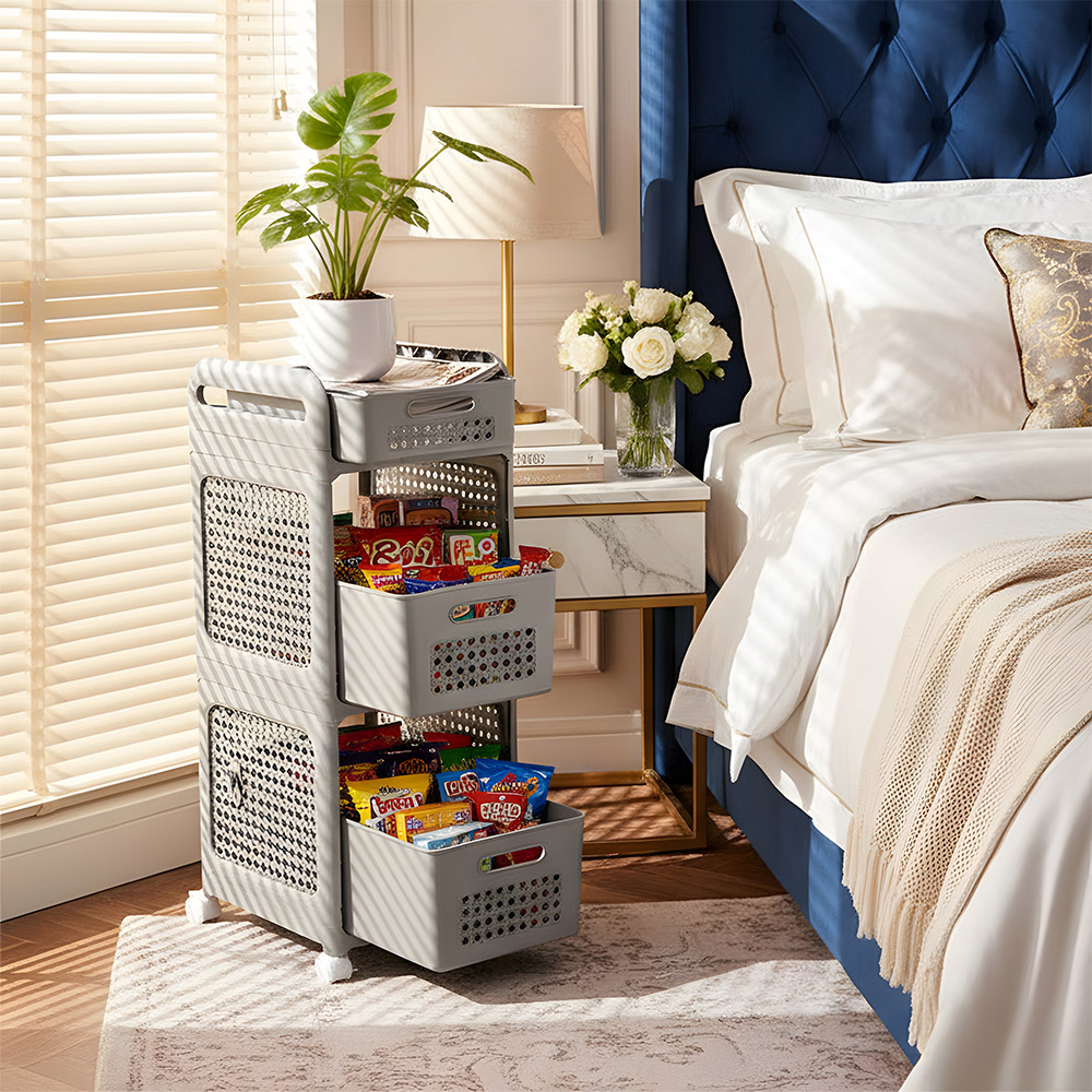 Living and Home 3-Tier Grey Storage Cart with Pull-Out Baskets Image 7