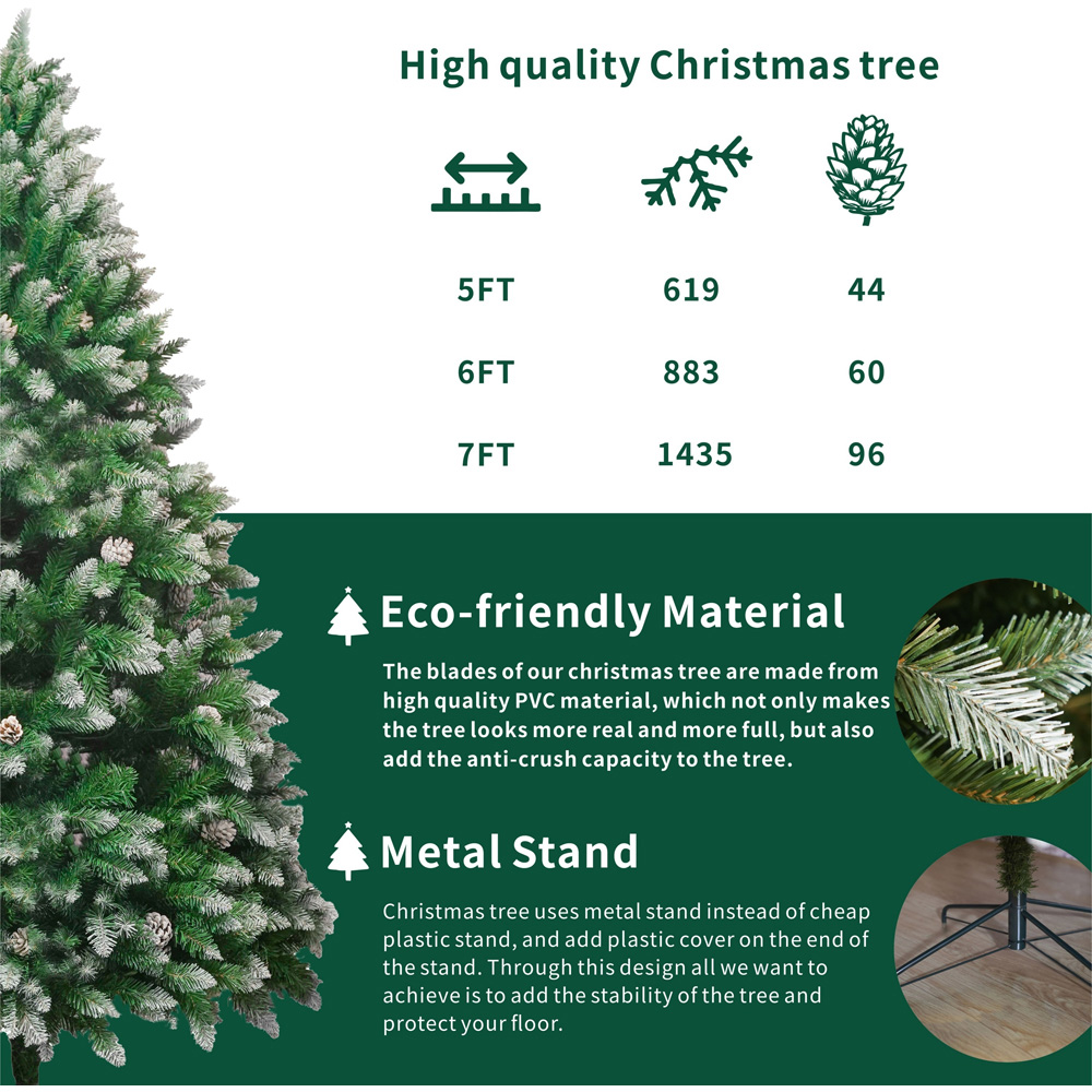 Abrihome White and Green Snowflake Spray Belt Pine Cone Artificial Christmas Tree 6ft Image 7