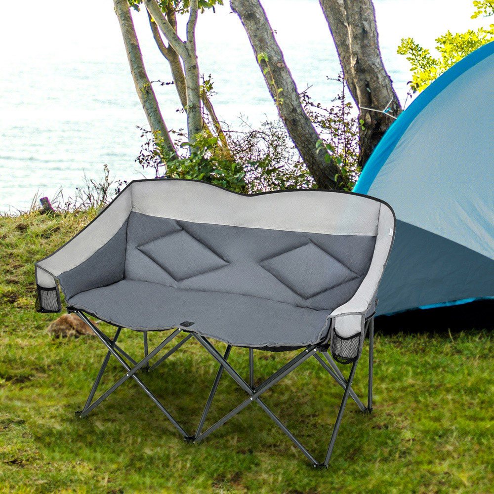 Costway 2 Seater Grey Folding Camping Chair with Padded Seat Image 2